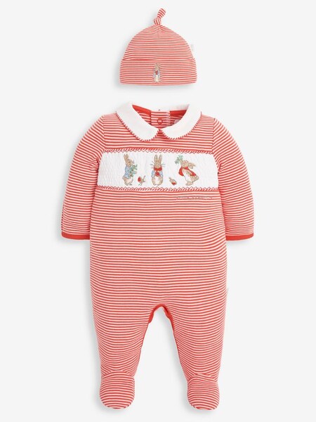 2-Piece Peter Rabbit Smocked Christmas Baby Sleepsuit & Hat Set in Red (C26157) | £26