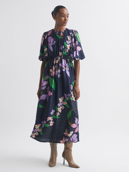 Florere Floral Puff Sleeve Midi Dress in Navy (C33450) | £98