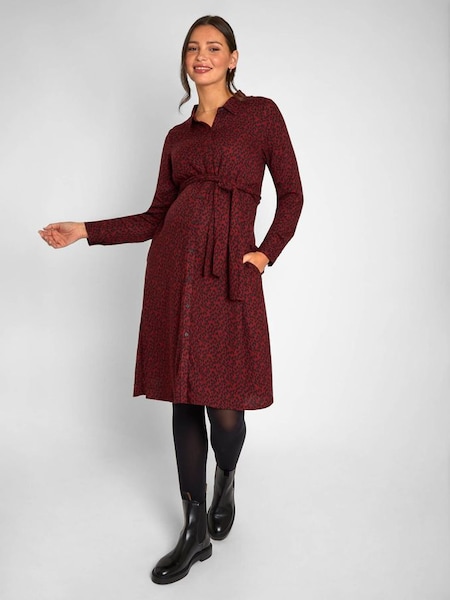 Animal Print Shirt Maternity Dress With Tie in Burgundy Red (C33600) | £49.50