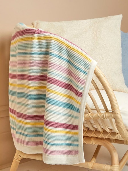 Pink Multi Chunky Knitted Stripe Blanket (C38529) | £28