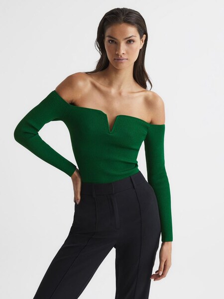 Sweetheart Neckline Ribbed Top in Green (C48456) | £55