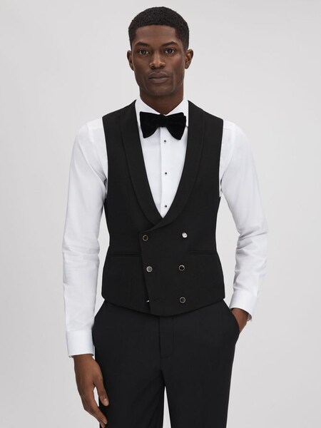 Slim Fit Double Breasted Tuxedo Waistcoat in Black (C49223) | £148