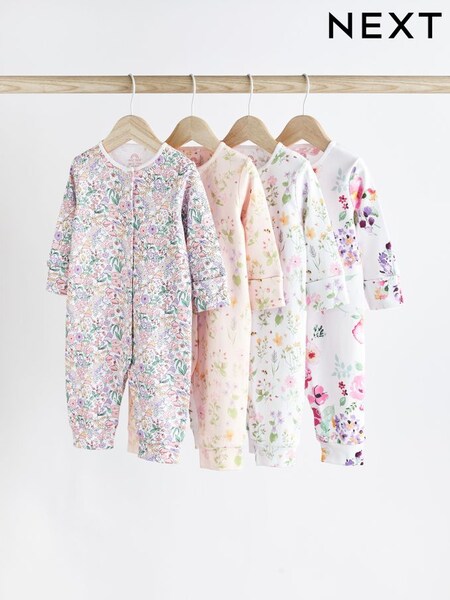 Next Pink/White Floral Footless Baby Sleepsuits 4 Pack (C54986) | £24 - £26