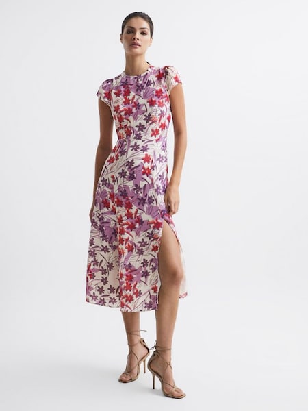Printed Cut Out Back Midi Dress in Pink/Purple (C58678) | £40