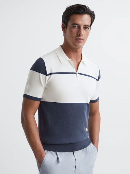 Slim Fit Half Zip Colourblock Polo Shirt in Airforce Blue/White (C60856) | £65