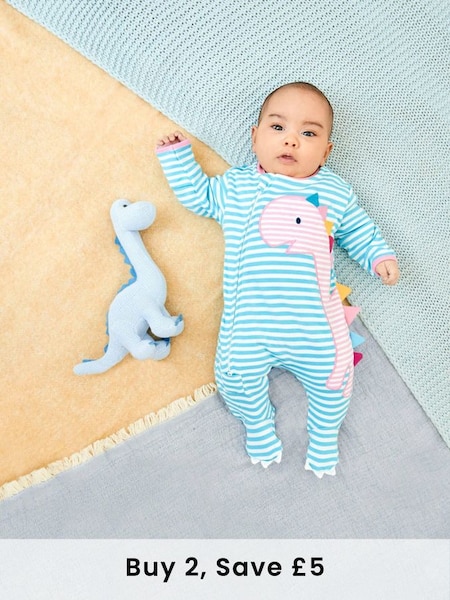 Blue/Pink Dino Appliqué Zip Cotton Baby Sleepsuit (C62520) | £21