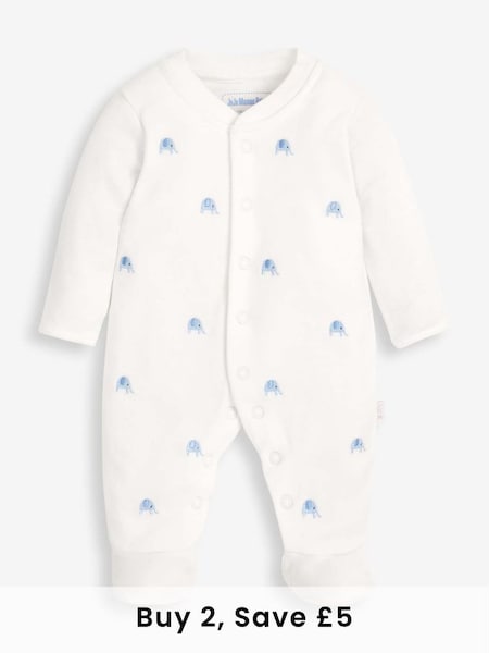 Blue Elephant Embroidered Cotton Baby Sleepsuit (C65986) | £21