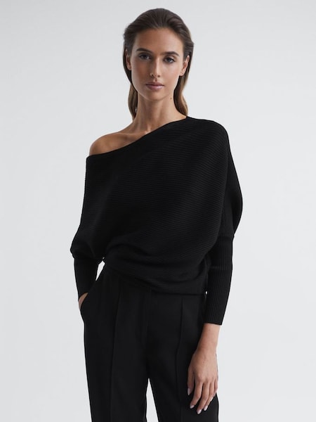Asymmetric Drape Knitted Top in Black (C67880) | £128