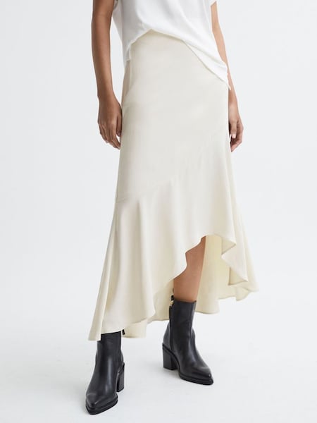 Satin High Rise Midi Skirt in Ivory (C69409) | £158