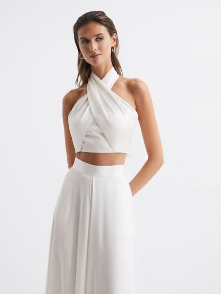 Cropped Halter Occasion Top in White (C70719) | £30