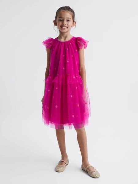 Junior Tulle Embroidered Dress in Bright Pink (C71447) | £45