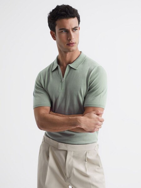 Merino Wool Half-Zip Polo Shirt in Apple (C73227) | £50