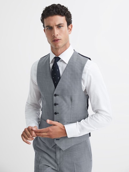 Wool Slim Fit Micro Puppytooth Waistcoat in Navy/White (C73490) | £45