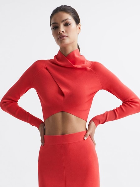High Neck Cropped Co Ord Top in Coral (C74256) | £45