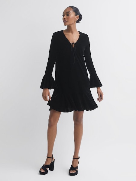 Florere Velvet V-Neck Mini Dress in Black (C80673) | £60