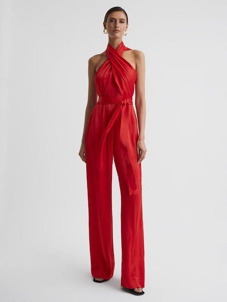 Satin Halter Neck Fitted Jumpsuit in Red (C81221) | £108