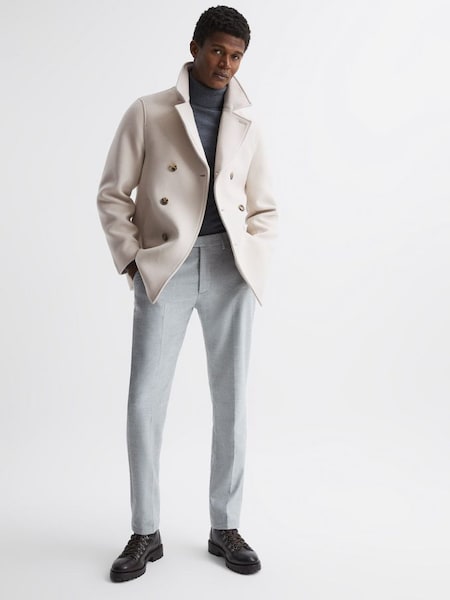 Shearling Mid Length Pea Coat in Ivory (C83402) | £225