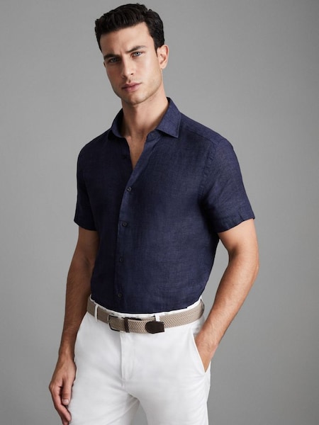 Slim Fit Linen Button-Through Shirt in Navy (C83556) | £88