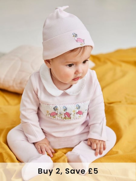 Jemima Puddle-Duck Smocked Sleepsuit & Hat Set in Pink (C85172) | £26