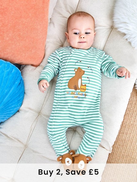Green Stripe Bear Appliqué Zip Cotton Baby Sleepsuit (C93411) | £21