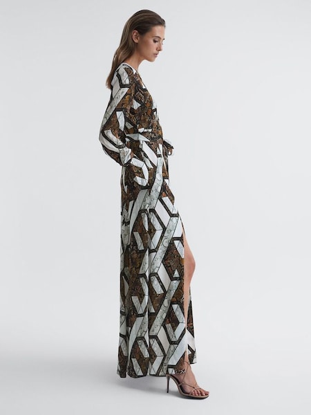 Petite Snake Print Plunge Maxi Dress in Brown (D00315) | £110