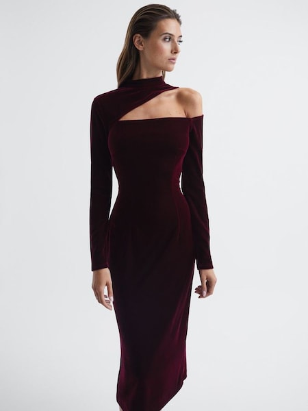 Velvet Cut-Out Shoulder Dress in Burgundy (D00320) | £115