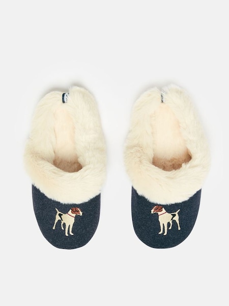 Slippet Luxe Blue Faux Fur Lined Embroidered Mule Slippers (D01657) | £14