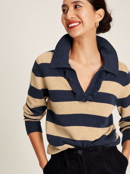 Maddie Oat Striped V Neck Jumper with Collar (D03733) | £48