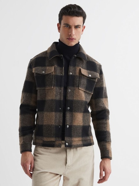 Long Sleeve Check Press-Stud Overshirt in Brown (D04886) | £128