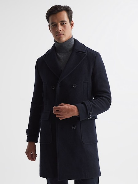 Double Breasted Wool Blend Military Overcoat in Navy (D08608) | £398