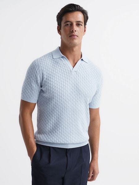 Slim Fit Cable Knit Open Collar Polo Shirt in Soft Blue (D18855) | £75
