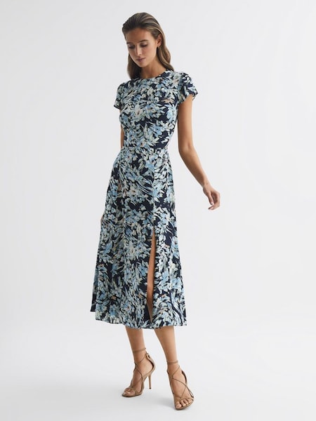 Printed Cut Out Back Midi Dress in Navy/Blue (D20954) | £85