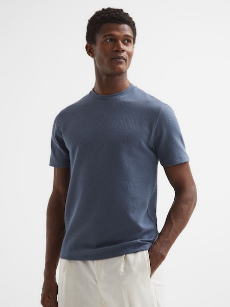Textured Cotton Blend Crew Neck T-Shirt in Airforce Blue (D21310) | £30
