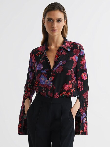 Floral Print Split Sleeve Shirt in Black/Pink (D28629) | £148