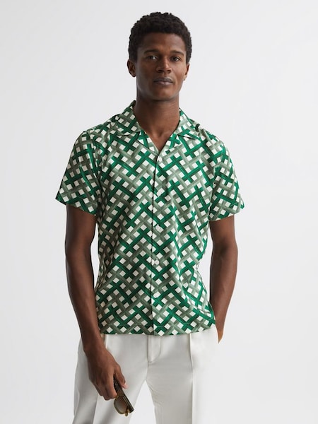 Slim Fit Cuban Collar Shirt in Green/Ivory (D32876) | £65