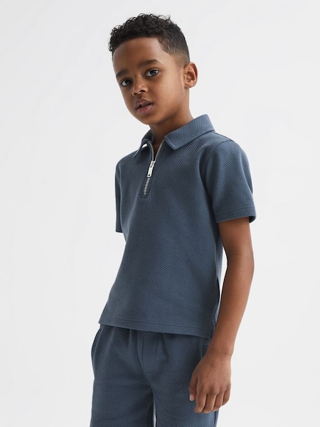 Junior Slim Fit Textured Half Zip Polo Shirt in Airforce Blue (D36420) | £15