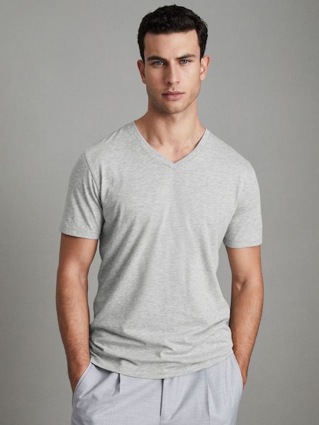 Cotton V-Neck T-Shirt in Grey Marl (D40023) | £28