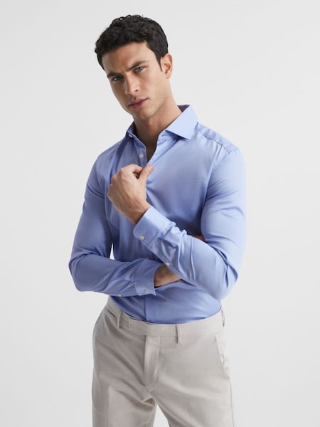 Cotton Satin Slim Fit Shirt in Mid Blue (D40026) | £78