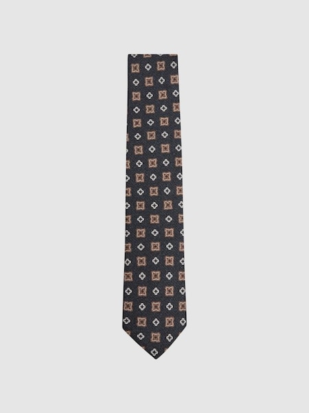 Medallion Printed Silk Tie in Indigo (D40071) | £25