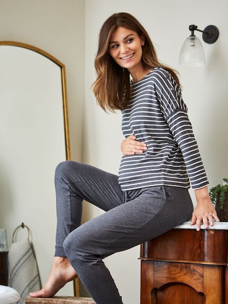 Stripe Maternity & Nursing Pyjama Set in Charcoal (D40972) | £39.50