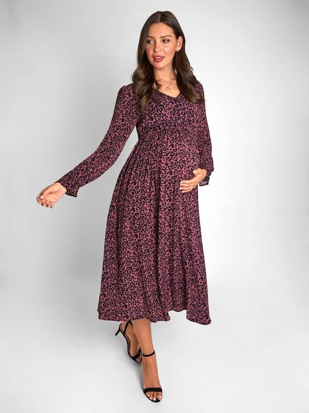 Animal Print Button Front Maternity Midi Dress in Pink (D41006) | £49.50
