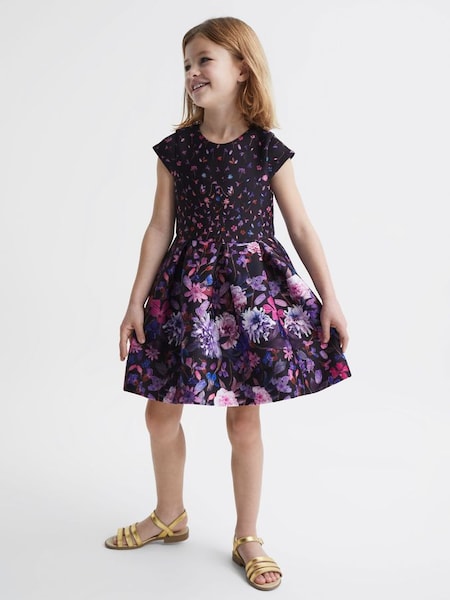 Senior Scuba Floral Printed Dress in Purple (D43728) | £40