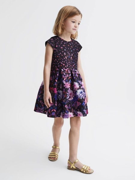 Junior Scuba Floral Printed Dress in Purple (D43729) | £35