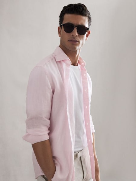 Linen Button-Through Shirt in Soft Pink (D43757) | £98