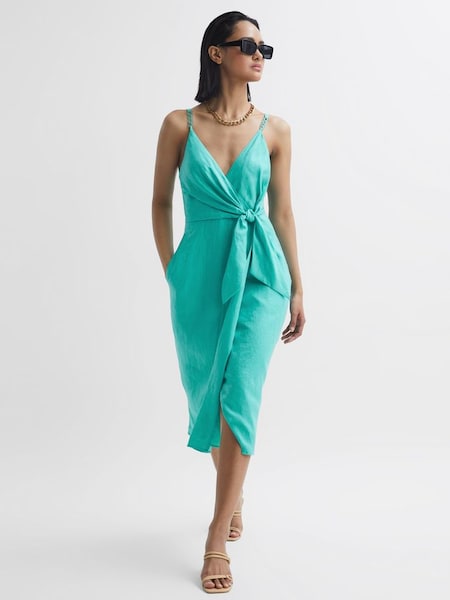 Petite Linen Side Tie Midi Dress in Aqua (D43762) | £80