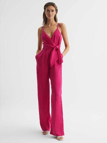 V-Neck Linen Jumpsuit in Pink (D46389) | £68