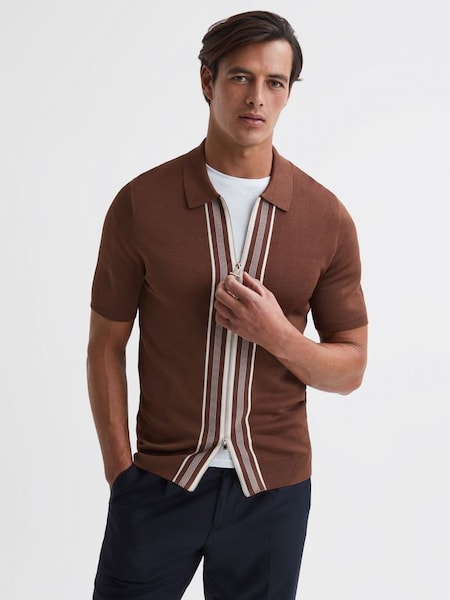 Zip Front Striped Polo Shirt in Rust (D50910) | £75