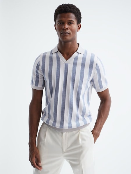 Short Sleeve Open Collar Chenille Polo Shirt in Ice Grey/Blue (D50998) | £65