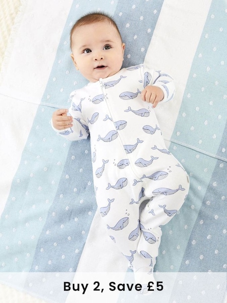 Blue Whale Print Zip Cotton Baby Sleepsuit (D51873) | £20