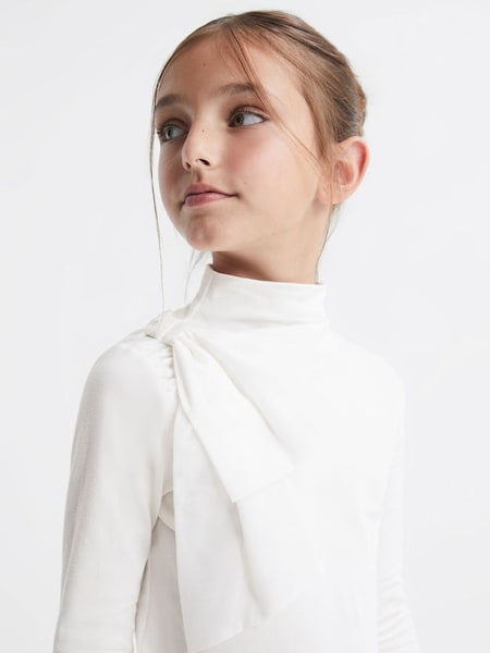 Senior Cotton Bow Funnel Neck T-Shirt in Ivory (D55131) | £25